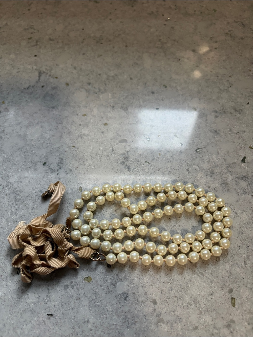 J. Crew Ivory Faux Pearl Multi-Strand Necklace with Beige Ribbon Rosette